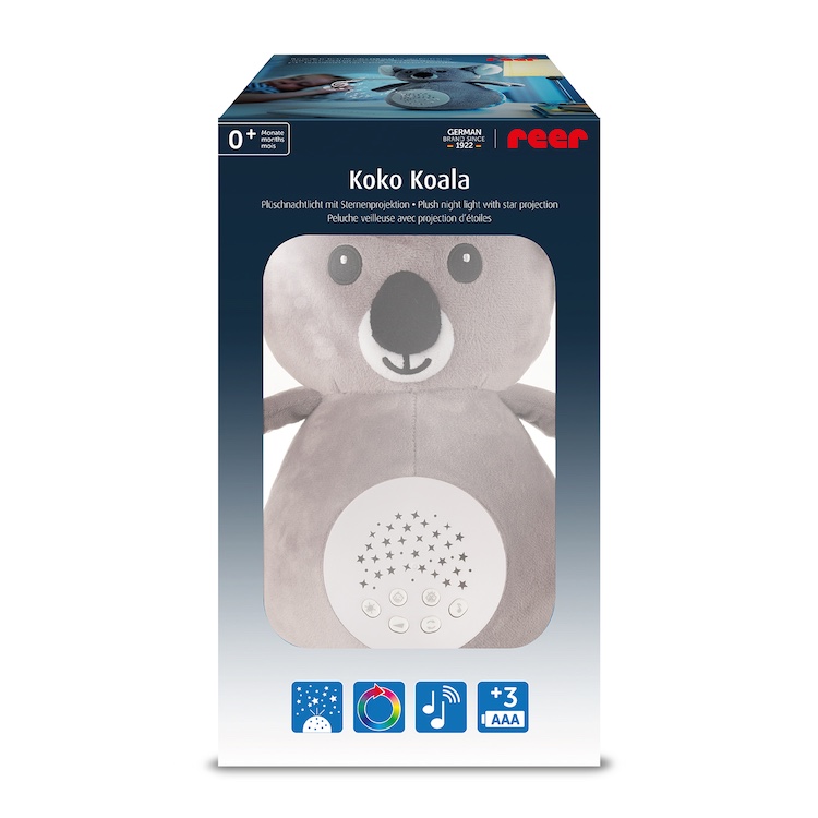 Reer Koko Koala lasten yövalo musiikilla ja itkusensorilla, harmaa