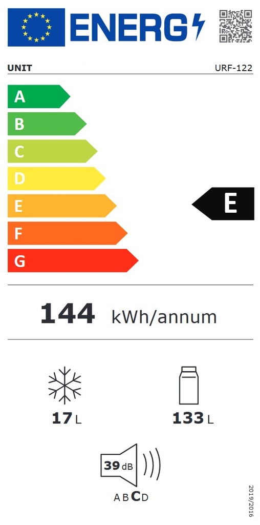 Energiatarra_UNIT URF-122V jääkaappi, 102,5/55cm, pakastelokero, valkoinen