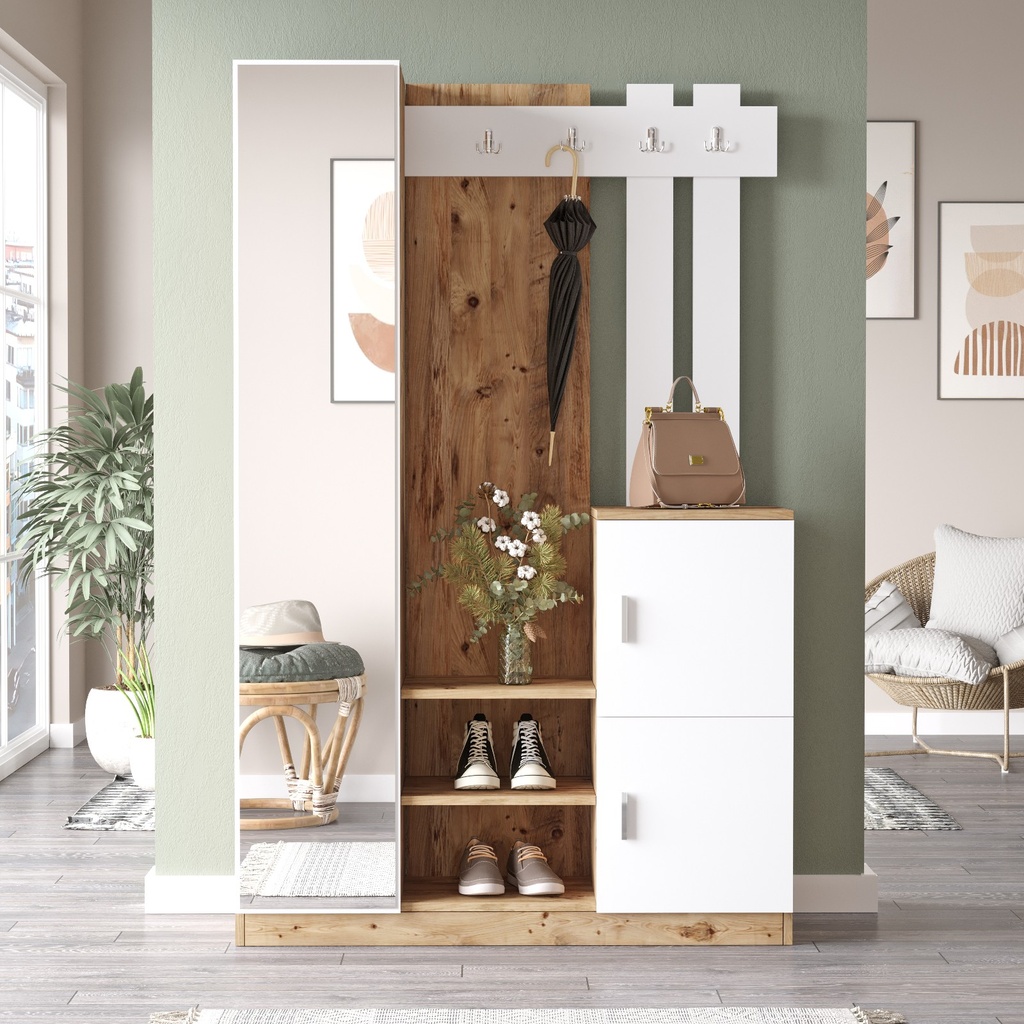 Chic Home Dita naulakko peilikaapilla ja säilytystilalla 38x114xK180 cm, valkoinen/beige