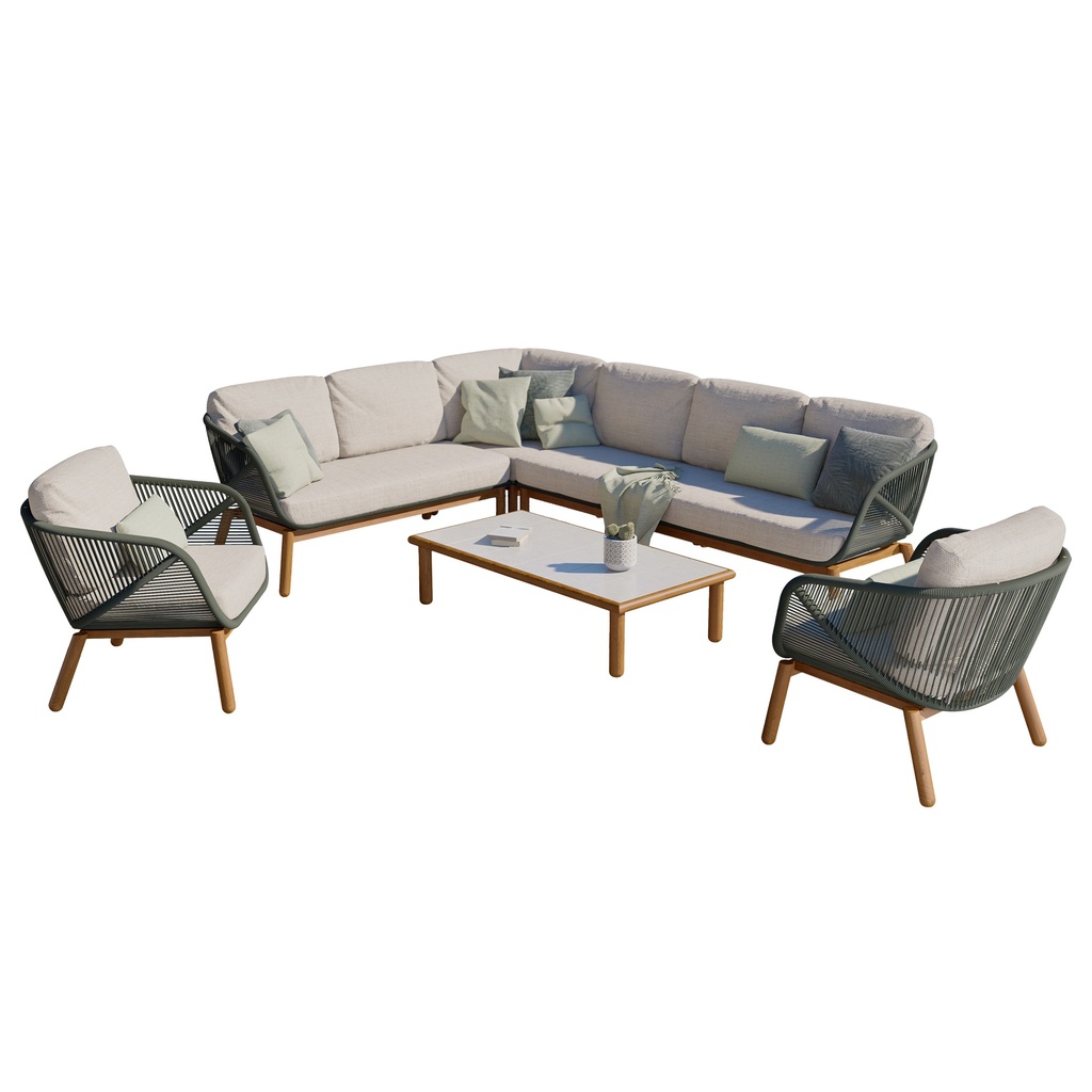 AURO ulkosohvaryhmä, kulmasohva + 2 nojatuolia + 2 pöytää, beige