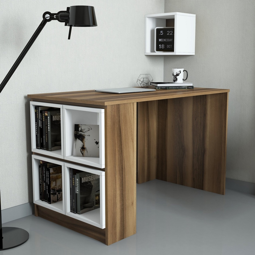 Chic Home Peppi työpöytä 120x65xK75 cm + seinähyllyt 5 kpl, tummanruskea/valkoinen