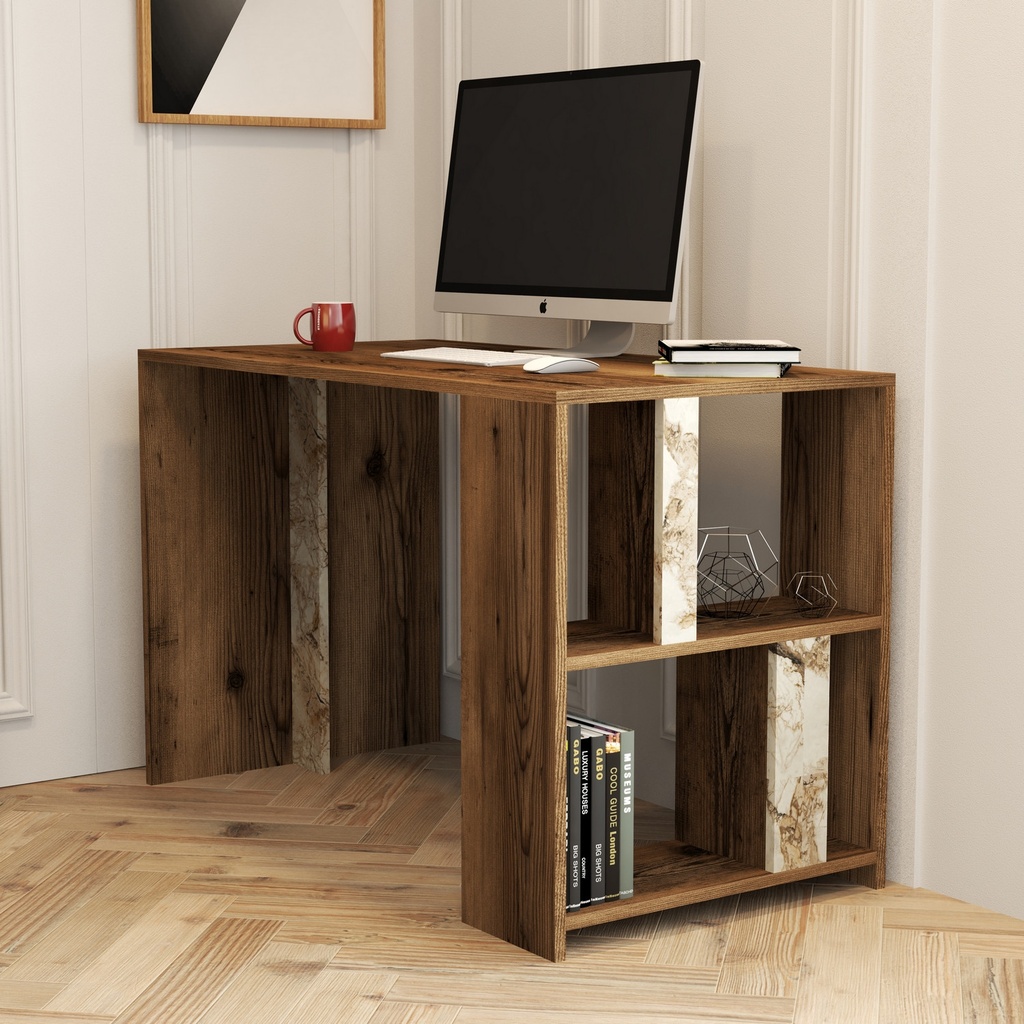 Chic Home Linette Marble työpöytä hyllyköllä 120x60xK75 cm, tummanruskea/valkoinen