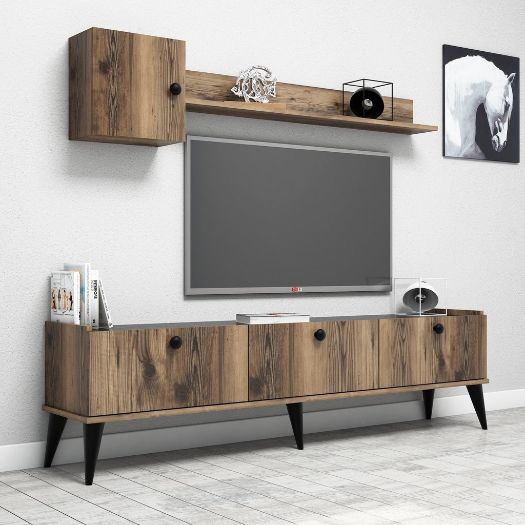 Chic Home Lilli TV-taso 180 cm + seinähylly, tummanruskea/musta