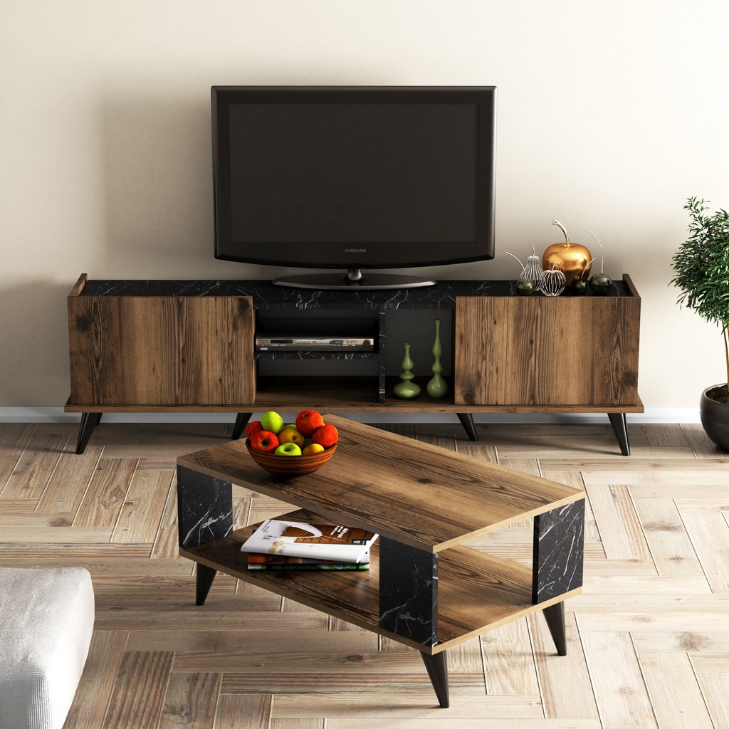 Chic Home Set 1330 - 2024 olohuoneen kalustesetti, pähkinäpuu / musta