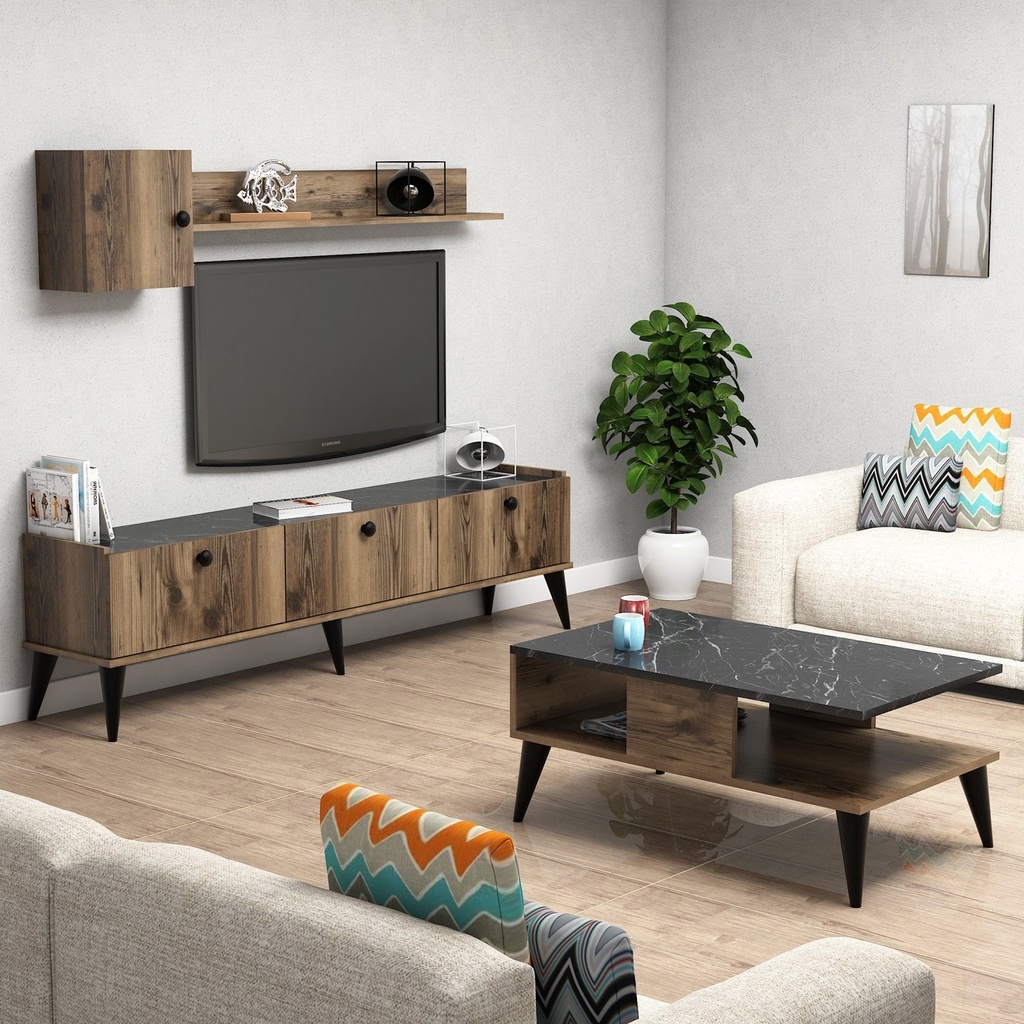 Chic Home Lilli TV-taso 180 cm + seinähylly + sohvapöytä, tummanruskea/musta