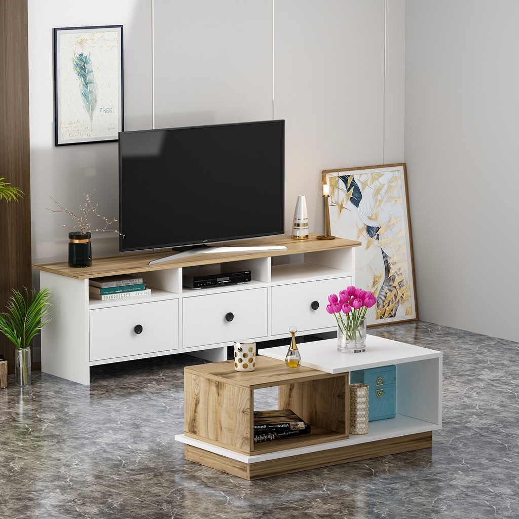 Chic Home Otto TV-taso 150 cm + sohvapöytä, valkoinen/ruskea