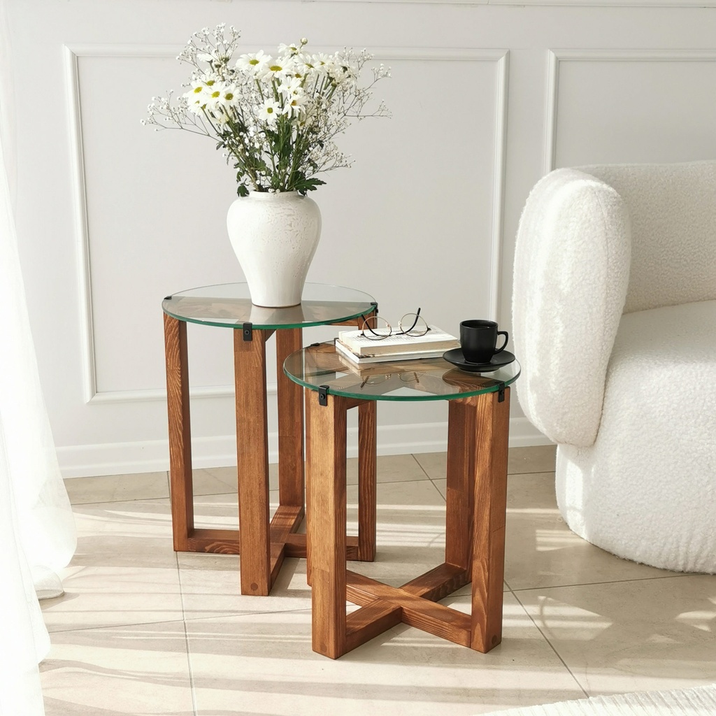 Chic Home Aleksanteri apupöydät H40xK45/50 cm 2 kpl, ruskea/kirkas