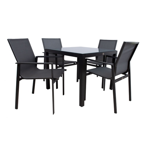 [4741617106117] Ruokailuryhmä AMALFI puutarhaan  pöytä 90cm + 4 tuolia, alurunko textilinella, harmaa